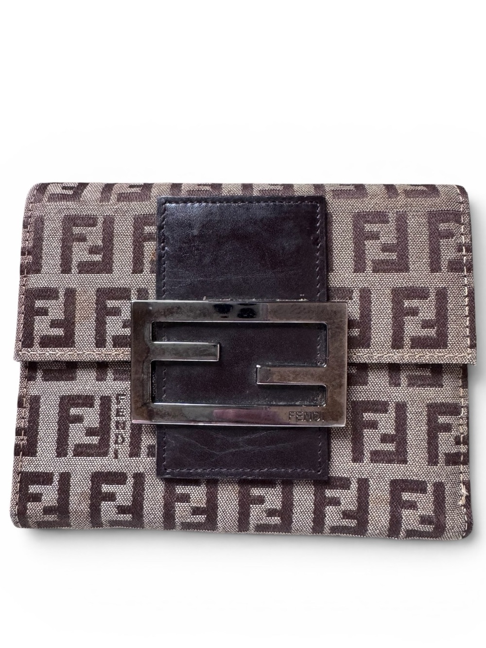 Fendi Zucca FF Trifold Wallet Brown Canvas & Leather Vintage Made in Italy